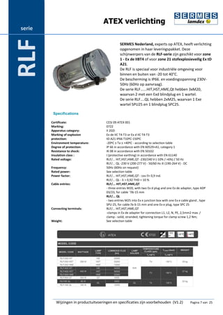 ATEX verlichting 
SERMES Nederland, experts op ATEX, heeft verlichting 
opgenomen in haar leveringspakket. Deze 
schijnwerpers van de RLF-serie zijn geschikt voor zone 
1 - Ex de IIBT4 of voor zone 21 stofexplosieveilig Ex tD 
A21. 
De RLF is speciaal voor industriële omgeving voor 
binnen en buiten van -20 tot 40°C. 
De bescherming is IP66. en voedingsspanning 230V- 
50Hz (60Hz op aanvraag). 
De serie RLF......HIT,HST,HME,Qt hebben 3xM20, 
waarvan 2 met een Exd blindplug en 1 wartel. 
De serie RLF....QL hebben 2xM25, waarvan 1 Exe 
wartel SPU25 en 1 blindplug SPC25. 
Specifications 
Certificate: CESI 09 ATEX 001 
Marking: 0722 
Apparatus category: II 2GD 
Marking of explosion 
protection: 
Ex de IIC T4-T3 or Ex d IIC T4-T3 
tD A21 IP66 T10ºC-150ºC 
Environment temperature: -20ºC ≤ Ta ≤ +40ºC - according to selection table 
Degree of protection: IP 66 in accordance with EN 60529+A1, category 1 
Resistance to shock: IK 08 in accordance with EN 50102 
Insulation class : I (protective earthing) in accordance with EN 61140 
Rated voltage: RLF/... HIT,HST,HME,QT -230/240 V (-10% / +6%) / 50 Hz 
RLF/... QL -230 V (200-277 V) - 50/60 Hz ili (190-264 V) - DC 
Frequency: 50Hz (60Hz on request) 
Rated power: See selection table 
Power factor: RLF/... HIT,HST,HME,QT - cos > 0,9 ind. 
RLF/... QL - λ > 0,92 THD < 10 % 
Cable entries: RLF/... HIT,HST,HME,QT 
- three entries M20, with two Ex d plug and one Ex de adapter, type ADP 
03/23, for cable ¯6-15 mm 
RLF/... QL 
- two entries M25 into Ex e junction box with one Ex e cable gland , type 
SPU 25, for cable v 6-15 mm and one Ex e plug, type SPC 25 
Connecting terminals: RLF/... HIT,HST,HME,QT 
-clamps in Ex de adapter for connection L1, L2, N, PE, 2,5mm2 max. / 
clamp - solid, stranded; tightening torque for clamp screw 1,2 Nm; 
Weight: See selection table 
Wijzingen in productuitvoeringen en specificaties zijn voorbehouden (V1.2) Pagina 7 van 25 
serie 
RLF 
 