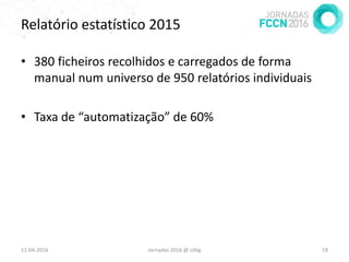 Relatório estatístico 2015
• 380 ficheiros recolhidos e carregados de forma
manual num universo de 950 relatórios individuais
• Taxa de “automatização” de 60%
11-04-2016 Jornadas 2016 @ UAlg 19
 