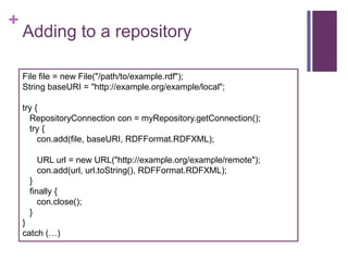 +

Adding to a repository
File file = new File("/path/to/example.rdf");
String baseURI = "http://example.org/example/local";

try {
RepositoryConnection con = myRepository.getConnection();
try {
con.add(file, baseURI, RDFFormat.RDFXML);
URL url = new URL("http://example.org/example/remote");
con.add(url, url.toString(), RDFFormat.RDFXML);
}
finally {
con.close();
}

}
catch (…)

 