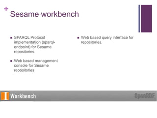+

Sesame workbench


SPARQL Protocol
implementation (sparqlendpoint) for Sesame
repositories



Web based management
console for Sesame
repositories



Web based query interface for
repositories.

 