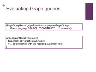 +

Evaluating Graph queries

GraphQueryResult graphResult = con.prepareGraphQuery(
QueryLanguage.SPARQL, "CONSTRUCT ….").evaluate();

while (graphResult.hasNext()) {
Statement st = graphResult.next();
// ... do something with the resulting statement here.
}

 