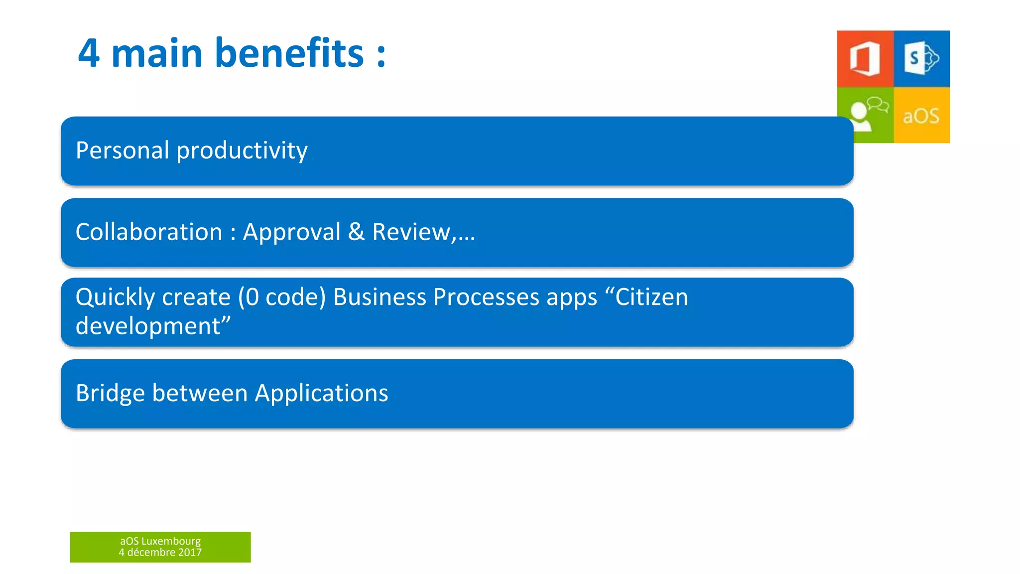 aOS Luxembourg
4 décembre 2017
Personal productivity
Collaboration : Approval & Review,…
Quickly create (0 code) Business Processes apps “Citizen
development”
4 main benefits :
Bridge between Applications
 
