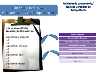 Lista de competências adquiridas ao longo da vida: Experiência profissional (…) (…) Experiência Formativa (…)  (…) Experiência Social (…) (…) Experiência Pessoal (…) 