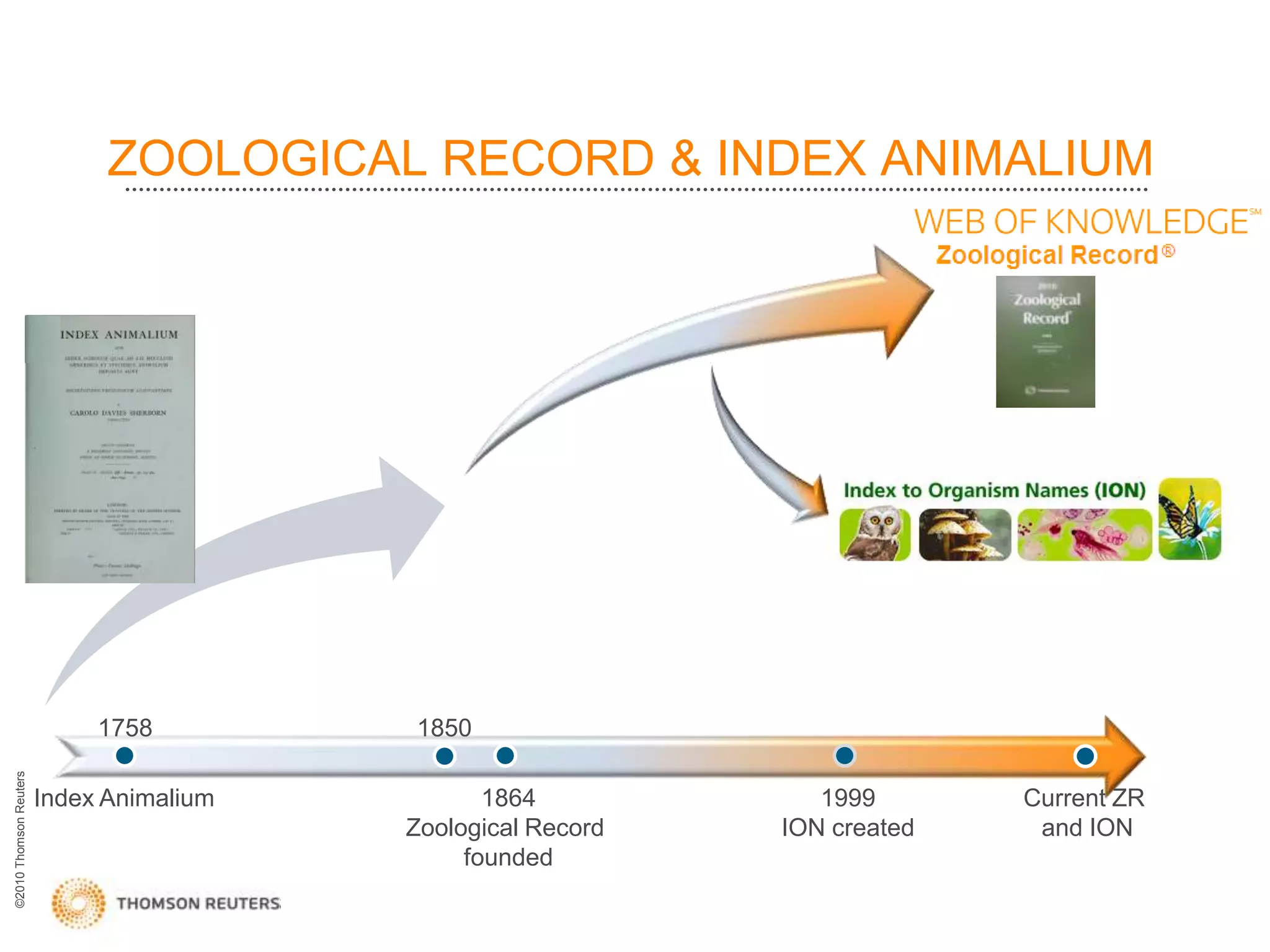 ZOOLOGICAL RECORD & INDEX ANIMALIUM




                             1758         1850
©2010 Thomson Reuters




                        Index Animalium          1864            1999       Current ZR
                                          Zoological Record   ION created    and ION
                                               founded
 