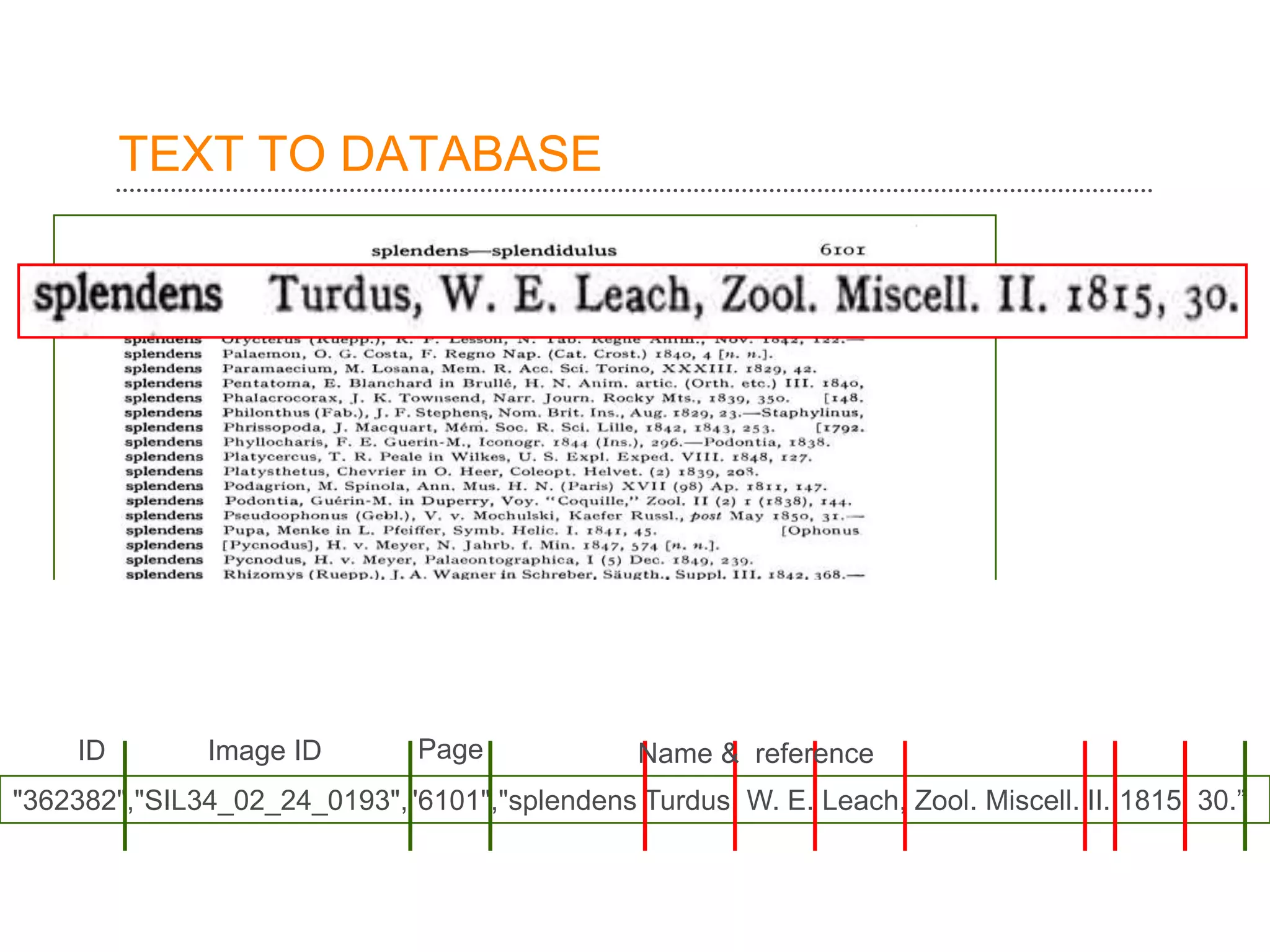 TEXT TO DATABASE




     ID        Image ID        Page             Name & reference
"362382","SIL34_02_24_0193","6101","splendens Turdus, W. E. Leach, Zool. Miscell. II. 1815, 30.”
 