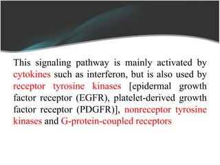 This signaling pathway is mainly activated by
cytokines such as interferon, but is also used by
receptor tyrosine kinases [epidermal growth
factor receptor (EGFR), platelet-derived growth
factor receptor (PDGFR)], nonreceptor tyrosine
kinases and G-protein-coupled receptors
 