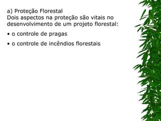 a) Proteção Florestal Dois aspectos na proteção são vitais no desenvolvimento de um projeto florestal:  •  o controle de pragas  •  o controle de incêndios florestais 