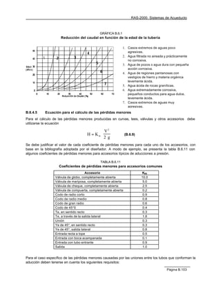 RAS-2000. Sistemas de Acueducto



                                              GRÁFICA B.6.1
                     Reducción del caudal en función de la edad de la tubería

                                                              1. Casos extremos de aguas poco
                                                                 agresivas.
                                                              2. Agua filtrada no aireada y prácticamente
                                                                 no corrosiva.
                                                              3. Agua de pozos o agua dura con pequeña
                                                                 acción corrosiva.
                                                              4. Agua de regiones pantanosas con
                                                                 vestigios de hierro y materia orgánica
                                                                 levemente ácida.
                                                              5. Agua ácida de rocas graníticas.
                                                              6. Agua extremadamente corrosiva,
                                                                 pequeños conductos para agua dulce,
                                                                 levemente ácida.
                                                              7. Casos extremos de aguas muy
                                                                 agresivas.
B.6.4.5     Ecuación para el cálculo de las pérdidas menores
Para el cálculo de las pérdidas menores producidas en curvas, tees, válvulas y otros accesorios debe
utilizarse la ecuación

                                                 V2
                                      H = Km ⋅                  (B.6.9)
                                                 2 ⋅g
Se debe justificar el valor de cada coeficiente de pérdidas menores para cada uno de los accesorios, con
base en la bibliografía adoptada por el diseñador. A modo de ejemplo, se presenta la tabla B.6.11 con
algunos coeficientes de pérdidas menores para accesorios típicos de aducciones a presión.

                                              TABLA B.6.11
                    Coeficientes de pérdidas menores para accesorios comunes
                                       Accesorio                          Km
                  Válvula de globo, completamente abierta                 10.0
                  Válvula de mariposa, completamente abierta               5.0
                  Válvula de cheque, completamente abierta                 2.5
                  Válvula de compuerta, completamente abierta              0.2
                  Codo de radio corto                                      0.9
                  Codo de radio medio                                      0.8
                  Codo de gran radio                                       0.6
                  Codo de 45°0                                             0.4
                  Te, en sentido recto                                     0.3
                  Te, a través de la salida lateral                        1.8
                  Unión                                                    0.3
                  Ye de 45°, en sentido recto                              0.3
                  Ye de 45°, salida lateral                                0.8
                  Entrada recta a tope                                     0.5
                  Entrada con boca acampanada                              0.1
                  Entrada con tubo entrante                                0.9
                  Salida                                                   1.0


Para el caso específico de las pérdidas menores causadas por las uniones entre los tubos que conforman la
aducción deben tenerse en cuenta los siguientes requisitos:

                                                                                          Página B.103
 