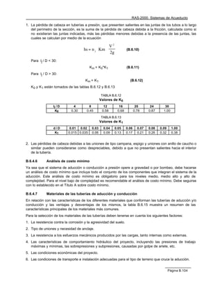 RAS-2000. Sistemas de Acueducto

1. La pérdida de cabeza en tuberías a presión, que presenten salientes en las juntas de los tubos a lo largo
   del perímetro de la sección, es la suma de la pérdida de cabeza debida a la fricción, calculada como si
   no existieran las juntas indicadas, más las pérdidas menores debidas a la presencia de las juntas, las
   cuales se calculan por medio de la ecuación

                                                      V 2 
                                      hs = n j ⋅ Km ⋅               (B.6.10)
                                                       2g 
   Para lj / D < 30:
                                         Km = K0*K1                   (B.6.11)
   Para lj / D > 30:
                                       Km = K1                          (B.6.12)
   K0 y K 1 están tomados de las tablas B.6.12 y B.6.13

                                                  TABLA B.6.12
                                                  Valores de K0
                  lj / D       4         8          12          16            20       24       30
                    K0       0.30      0.45        0.58        0.68          0.78     0.87     1.00

                                                  TABLA B.6.13
                                                  Valores de K1
                  d/D       0.01 0.02      0.03     0.04   0.05       0.06     0.07   0.08   0.09     1.00
                   K1      0.015 0.035     0.06     0.09   0.13       0.17     0.21   0.26   0.32     0.38


2. Las pérdidas de cabeza debidas a las uniones de tipo campana, espigo y uniones con anillo de caucho o
   similar pueden considerarse como despreciables, debido a que no presentan salientes hacia el interior
   de la tubería.

B.6.4.6      Análisis de costo mínimo
Ya sea que el sistema de aducción o conducción a presión opere a gravedad o por bombeo, debe hacerse
un análisis de costo mínimo que incluya todo el conjunto de los componentes que integran el sistema de la
aducción. Este análisis de costo mínimo es obligatorio para los niveles medio, medio alto y alto de
complejidad. Para el nivel bajo de complejidad es recomendable el análisis de costo mínimo. Debe seguirse
con lo establecido en el Título A sobre costo mínimo.

B.6.4.7      Materiales de las tuberías de aducción y conducción
En relación con las características de los diferentes materiales que conforman las tuberías de aducción y/o
conducción y las ventajas y desventajas de los mismos, la tabla B.6.15 muestra un resumen de las
características principales de los materiales más comunes.
Para la selección de los materiales de las tuberías deben tenerse en cuenta los siguientes factores:
1. La resistencia contra la corrosión y la agresividad del suelo.
2. Tipo de uniones y necesidad de anclaje.
3. La resistencia a los esfuerzos mecánicos producidos por las cargas, tanto internas como externas.
4. Las características de comportamiento hidráulico del proyecto, incluyendo las presiones de trabajo
   máximas y mínimas, las sobrepresiones y subpresiones, causadas por golpe de ariete, etc.
5. Las condiciones económicas del proyecto.
6. Las condiciones de transporte e instalación adecuadas para el tipo de terreno que cruce la aducción.


                                                                                                    Página B.104
 