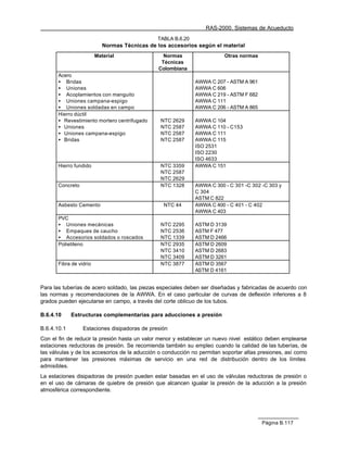 RAS-2000. Sistemas de Acueducto
                                               TABLA B.6.20
                            Normas Técnicas de los accesorios según el material
                         Material                 Normas                 Otras normas
                                                 Técnicas
                                                Colombiana
       Acero
       • Bridas                                               AWWA C 207 - ASTM A 961
       • Uniones                                              AWWA C 606
       • Acoplamientos con manguito                           AWWA C 219 - ASTM F 682
       • Uniones campana-espigo                               AWWA C 111
       • Uniones soldadas en campo                            AWWA C 206 - ASTM A 865
       Hierro dúctil
       • Revestimiento mortero centrifugado     NTC 2629      AWWA C 104
       • Uniones                                NTC 2587      AWWA C 110 - C153
       • Uniones campana-espigo                 NTC 2587      AWWA C 111
       • Bridas                                 NTC 2587      AWWA C 115
                                                              ISO 2531
                                                              ISO 2230
                                                              ISO 4633
       Hierro fundido                           NTC 3359      AWWA C 151
                                                NTC 2587
                                                NTC 2629
       Concreto                                 NTC 1328      AWWA C 300 - C 301 -C 302 -C 303 y
                                                              C 304
                                                              ASTM C 822
       Asbesto Cemento                            NTC 44      AWWA C 400 - C 401 - C 402
                                                              AWWA C 403
       PVC
       • Uniones mecánicas                      NTC 2295      ASTM D 3139
       • Empaques de caucho                     NTC 2536      ASTM F 477
       • Accesorios soldados o roscados         NTC 1339      ASTM D 2466
       Polietileno                              NTC 2935      ASTM D 2609
                                                NTC 3410      ASTM D 2683
                                                NTC 3409      ASTM D 3261
       Fibra de vidrio                          NTC 3877      ASTM D 3567
                                                              ASTM D 4161


Para las tuberías de acero soldado, las piezas especiales deben ser diseñadas y fabricadas de acuerdo con
las normas y recomendaciones de la AWWA. En el caso particular de curvas de deflexión inferiores a 8
grados pueden ejecutarse en campo, a través del corte oblicuo de los tubos.

B.6.4.10     Estructuras complementarias para aducciones a presión

B.6.4.10.1        Estaciones disipadoras de presión
Con el fin de reducir la presión hasta un valor menor y establecer un nuevo nivel estático deben emplearse
estaciones reductoras de presión. Se recomienda también su empleo cuando la calidad de las tuberías, de
las válvulas y de los accesorios de la aducción o conducción no permitan soportar altas presiones, así como
para mantener las presiones máximas de servicio en una red de distribución dentro de los límites
admisibles.
La estaciones disipadoras de presión pueden estar basadas en el uso de válvulas reductoras de presión o
en el uso de cámaras de quiebre de presión que alcancen igualar la presión de la aducción a la presión
atmosférica correspondiente.




                                                                                        Página B.117
 