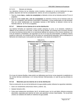 RAS-2000. Sistemas de Acueducto

B.7.4.6.5        Diámetro de hidrantes
Los diámetros mínimos de los hidrantes contra incendios, colocados en la red de distribución de agua
potable, dependen del nivel de complejidad del sistema, tal como se especifica a continuación:
1. Para los niveles bajo y medio de complejidad, el diámetro mínimo de los hidrantes será de 75 mm (3
   pulgadas).
2. Para los niveles medio alto y alto de complejidad, los diámetros mínimos de los hidrantes serán de
   100 mm (4 pulgadas), para sectores comerciales e industriales, o zonas residenciales con alta densidad.
   Para las zonas residenciales con densidades menores a 200 Hab/Ha, el diámetro mínimo de los
   hidrantes debe ser de 75 mm (3 pulgadas).

B.7.4.7      Deflexión de las tuberías de la red de distribución
Las tuberías formadas por segmentos rectos pueden colocarse en curva, si es necesario, mediante la
deflexión de las tuberías en sus juntas, si estas son del tipo flexible. Sin embargo para municipios situados
en zonas de amenaza sísmica alta no se recomienda deflectar las tuberías en las uniones mecánicas, con
el fin de mantener su flexibilidad y dar seguridad a la red. En el caso de juntas flexibles, la deflexión máxima
posible en cada junta, con excepción de los de juntas con características especiales, será la indicada por el
fabricante de la tubería pero nunca podrán ser superiores a los valores de la tabla B.7.8.

                                                 TABLA B.7.8.
                               Deflexiones máximas posibles en tuberías
                                    Diámetro tubo          Deflexiones
                                        (mm)            (grados-minutos)
                                         38.1                 3º 0´
                                         50.8                 3º 0´
                                         63.5                 3º 0´
                                         76.2                 3º 0´
                                         100                  3º 0´
                                         150                  3º 0´
                                         200                  3º 0´
                                         250                  3º 0´
                                         300                  3º 0´
                                         400                 2º 40´
                                         450                 2º 25´
                                         500                 2º 10´
                                         600                 1º 45´
                                         750                 1º 25´
                                         900                 1º 10´
                                   1 000 y mayores            1º 5´


En el caso de tuberías flexibles, éstas podrán ser deflectadas para formar curvas siguiendo lo establecido en
las normas técnicas colombianas o en normas técnicas internacionales, en caso de que las primeras no
existan.

B.7.4.8      Materiales para las tuberías de la red de distribución
Para la construcción de una red de distribución de agua potable pueden utilizarse los siguientes materiales :
•   Acero con revestimiento anticorrosivo interno y externo (A).
•   Asbesto Cemento (AC).
•   Cobre para instalaciones domiciliarias, tipo K, de temple suave, con la cual deben utilizarse accesorios
    abocinados, especiales para tuberías de cobre, para garantizar uniones impermeables. No se permiten
    uniones con soldadura de estaño en sistemas de agua potable.


                                                                                             Página B.144
 