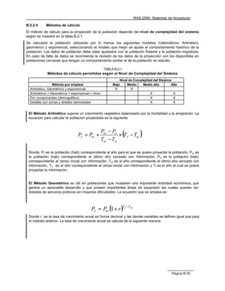 RAS-2000. Sistemas de Acueducto

B.2.2.4     Métodos de cálculo
El método de cálculo para la proyección de la población depende del nivel de complejidad del sistema
según se muestra en la tabla B.2.1.
Se calculará la población utilizando por lo menos los siguientes modelos matemáticos: Aritmético,
geométrico y exponencial, seleccionando el modelo que mejor se ajuste al comportamiento histórico de la
población. Los datos de población debe estar ajustados con la población flotante y la población migratoria.
En caso de falta de datos se recomienda la revisión de los datos de la proyección con los disponibles en
poblaciones cercanas que tengan un comportamiento similar al de la población en estudio.

                                                    TABLA B.2.1
             Métodos de cálculo permitidos según el Nivel de Complejidad del Sistema
                                                             Nivel de Complejidad del Sistema
                 Método por emplear                      Bajo     Medio    Medio alto        Alto
  Aritmético, Geométrico y exponencial                    X         X
  Aritmétrico + Geométrico + exponencial + otros                                X             X
  Por componentes (demográfico)                                                 X             X
  Detallar por zonas y detallar densidades                                      X             X


 El Método Aritmético supone un crecimiento vegetativo balanceado por la mortalidad y la emigración. La
 ecuación para calcular la población proyectada es la siguiente


                                                   Puc − Pci
                                 Pf = Puc +                       (
                                                             × T f − Tuc      )
                                                   Tuc − Tci

 Donde, Pf es la población (hab) correspondiente al año para el que se quiere proyectar la población, Puc es
 la población (hab) correspondiente al último año censado con información, Pci es la población (hab)
 correspondiente al censo inicial con información, Tuc es el año correspondiente al último año censado con
 información, Tci es el año correspondiente al censo inicial con información y Tf es el año al cual se quiere
 proyectar la información.


 El Método Geométrico es útil en poblaciones que muestren una importante actividad económica, que
 genera un apreciable desarrollo y que poseen importantes áreas de expansión las cuales pueden ser
 dotadas de servicios públicos sin mayores dificultades. La ecuación que se emplea es:



                                          Pf = Puc (1 + r ) f
                                                                  T −Tuc


 Donde r es la tasa de crecimiento anual en forma decimal y las demás variables se definen igual que para
 el método anterior. La tasa de crecimiento anual se calcula de la siguiente manera:




                                                                                               Página B.30
 