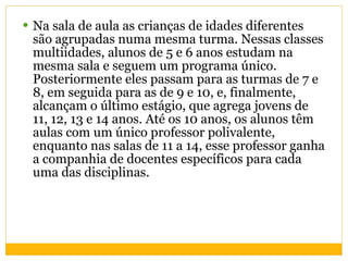 Na sala de aula as crianças de idades diferentes são agrupadas numa mesma turma. Nessas classes multiidades, alunos de 5 e 6 anos estudam na mesma sala e seguem um programa único. Posteriormente eles passam para as turmas de 7 e 8, em seguida para as de 9 e 10, e, finalmente, alcançam o último estágio, que agrega jovens de 11, 12, 13 e 14 anos. Até os 10 anos, os alunos têm aulas com um único professor polivalente, enquanto nas salas de 11 a 14, esse professor ganha a companhia de docentes específicos para cada uma das disciplinas. 