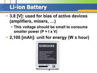 Li-ion Battery
 3.8 [V]: used for bias of active devices
  (amplifiers, mixers, …)
   This voltage should be small to consume
    smaller power (P = I x V)
 2,100 [mAh]: unit for energy (W x hour)




                      9
 
