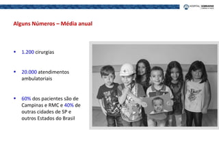 • 1.200 cirurgias
• 20.000 atendimentos
ambulatoriais
• 60% dos pacientes são de
Campinas e RMC e 40% de
outras cidades de SP e
outros Estados do Brasil
Alguns Números – Média anual
 