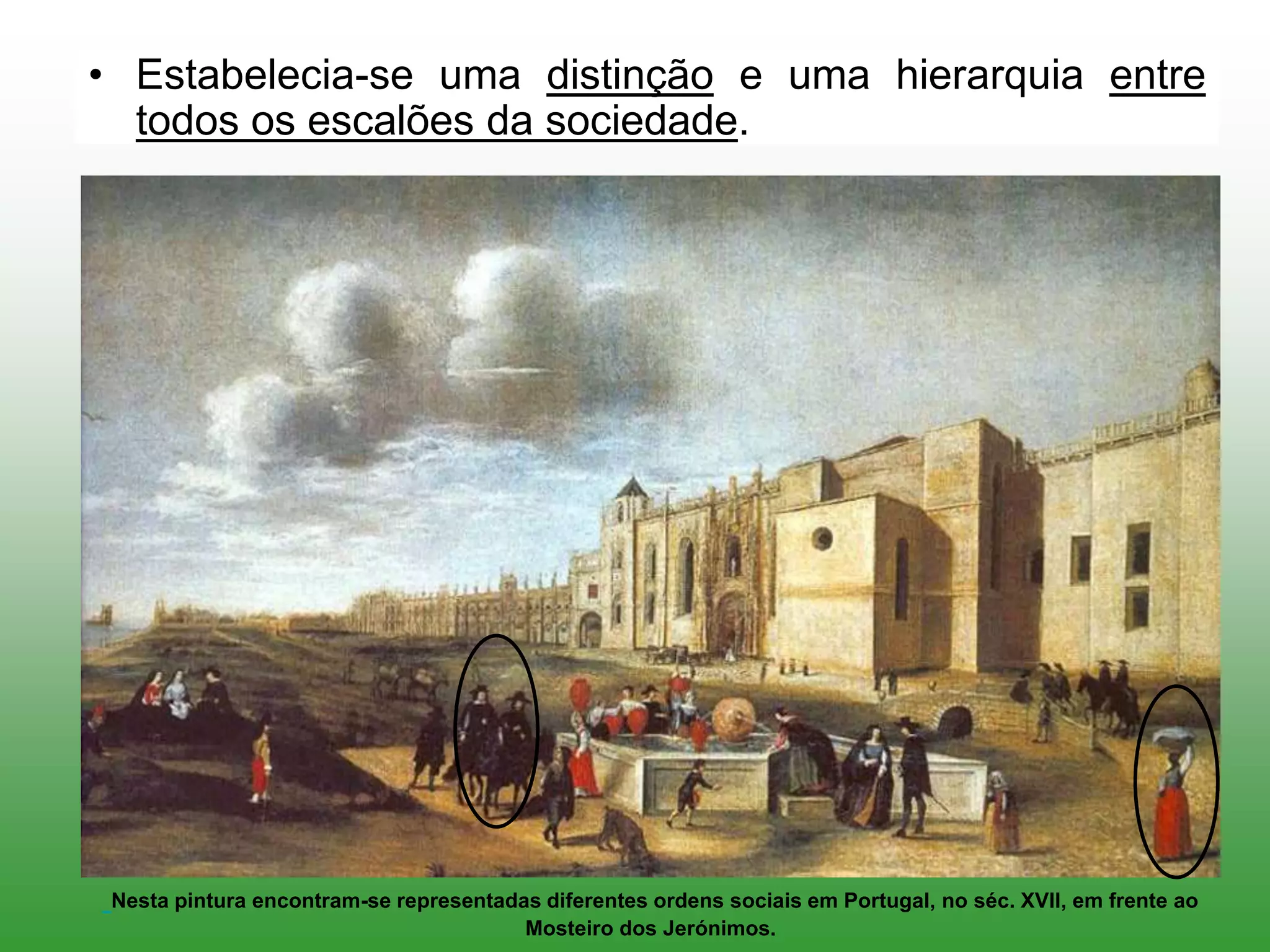 • Estabelecia-se uma distinção e uma hierarquia entre
todos os escalões da sociedade.
Nesta pintura encontram-se representadas diferentes ordens sociais em Portugal, no séc. XVII, em frente ao
Mosteiro dos Jerónimos.
 
