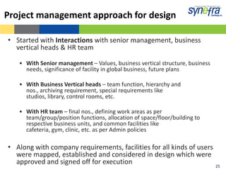 Project management approach for design

• Started with Interactions with senior management, business
  vertical heads & HR team

   • With Senior management – Values, business vertical structure, business
     needs, significance of facility in global business, future plans

   • With Business Vertical heads – team function, hierarchy and
     nos., archiving requirement, special requirements like
     studios, library, control rooms, etc.

   • With HR team – final nos., defining work areas as per
     team/group/position functions, allocation of space/floor/building to
     respective business units, and common facilities like
     cafeteria, gym, clinic, etc. as per Admin policies

• Along with company requirements, facilities for all kinds of users
  were mapped, established and considered in design which were
  approved and signed off for execution                                       25
 