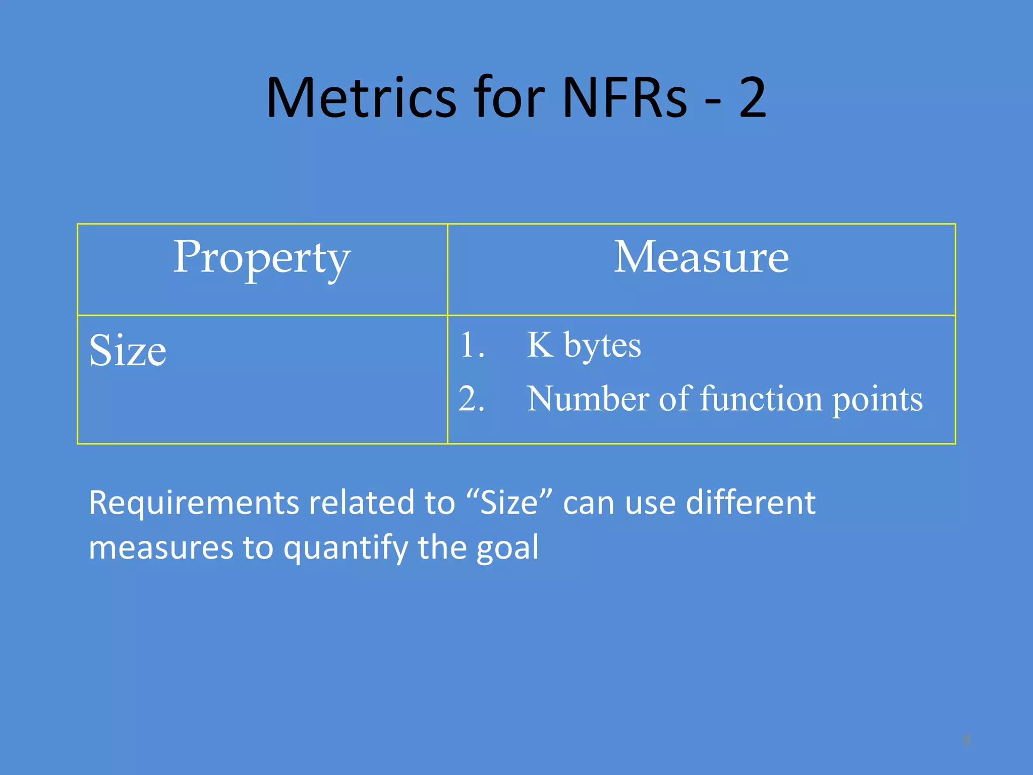 8
Metrics for NFRs - 2
Property Measure
Size 1. K bytes
2. Number of function points
Requirements related to “Size” can use different
measures to quantify the goal
 