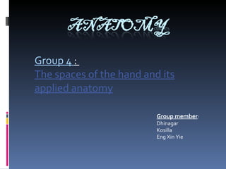 Group 4  :  The spaces of the hand and its applied anatomy Group member : Dhinagar Kosilla Eng Xin Yie 