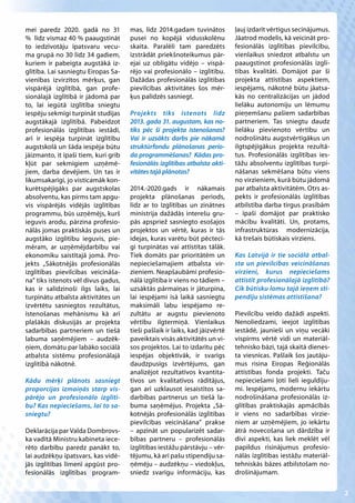 mei paredz 2020. gadā no 31           mas, līdz 2014.gadam tuvinātos          ļauj izdarīt vērtīgus secinājumus.
% līdz vismaz 40 % paaugstināt        pusei no kopējā vidusskolēnu            Jāatrod modelis, kā veicināt pro-
to iedzīvotāju īpatsvaru vecu-        skaita. Paralēli tam paredzēts          fesionālās izglītības pievilcību,
ma grupā no 30 līdz 34 gadiem,        izstrādāt priekšnoteikumus pār-         vienlaikus sniedzot atbalstu un
kuriem ir pabeigta augstākā iz-       ejai uz obligātu vidējo – vispā-        paaugstinot profesionālās izglī-
glītība. Lai sasniegtu Eiropas Sa-    rējo vai profesionālo – izglītību.      tības kvalitāti. Domājot par šī
vienības izvirzītos mērķus, gan       Dažādas profesionālās izglītības        projekta attīstības aspektiem,
vispārējā izglītībā, gan profe-       pievilcības aktivitātes šos mēr-        iespējams, nākotnē būtu jāatsa-
sionālajā izglītībā ir jādomā par     ķus palīdzēs sasniegt.                  kās no centralizācijas un jādod
to, lai iegūtā izglītība sniegtu                                              lielāku autonomiju un lēmumu
iespēju sekmīgi turpināt studijas     Projekts tiks īstenots līdz             pieņemšanu pašiem sadarbības
augstākajā izglītībā. Pabeidzot       2013. gada 31. augustam, kas no-        partneriem. Tas sniegtu daudz
profesionālās izglītības iestādi,     tiks pēc šī projekta īstenošanas?       lielāku pievienoto vērtību un
arī ir iespēja turpināt izglītību     Vai ir uzsākts darbs pie nākamā         nodrošinātu augstvērtīgākus un
augstskolā un šāda iespēja būtu       struktūrfondu plānošanas perio-         ilgtspējīgākus projekta rezultā-
jāizmanto, it īpaši tiem, kuri grib   da programmēšanas? Kādas pro-           tus. Profesionālās izglītības ies-
kļūt par sekmīgiem uzņēmē-            fesionālās izglītības atbalsta akti-    tāžu absolventu izglītības turpi-
jiem, darba devējiem. Un tas ir       vitātes tajā plānotas?                  nāšanas sekmēšana būtu viens
likumsakarīgi, jo visticamāk kon-                                             no virzieniem, kurā būtu jādomā
kurētspējīgāks par augstskolas        2014.-2020.gads ir nākamais             par atbalsta aktivitātēm. Otrs as-
absolventu, kas pirms tam apgu-       projekta plānošanas periods,            pekts ir profesionālās izglītības
vis vispārējās vidējās izglītības     līdz ar to Izglītības un zinātnes       atbilstība darba tirgus prasībām
programmu, būs uzņēmējs, kurš         ministrija dažādās interešu gru-        – īpaši domājot par praktisko
ieguvis arodu, pārzina profesio-      pās apspriež sasniegto esošajos         mācību kvalitāti. Un, protams,
nālās jomas praktiskās puses un       projektos un vērtē, kuras ir tās        infrastruktūras modernizācija,
augstāko izglītību ieguvis, pie-      idejas, kuras varētu būt pēctecī-       kā trešais būtiskais virziens.
mēram, ar uzņēmējdarbību vai          gi turpinātas vai attīstītas tālāk.
ekonomiku saistītajā jomā. Pro-       Tiek domāts par prioritātēm un          Kas Latvijā ir tie sociālā atbal-
jekts „Sākotnējās profesionālās       nepieciešamajiem atbalsta vir-          sta un pievilcības veicināšanas
izglītības pievilcības veicināša-     zieniem. Neapšaubāmi profesio-          virzieni, kurus nepieciešams
na” tiks īstenots vēl divus gadus,    nālā izglītība ir viens no tādiem –     attīstīt profesionālajā izglītībā?
kas ir salīdzinoši ilgs laiks, lai    uzsāktās pārmaiņas ir jāturpina,        Cik būtisku lomu tajā ieņem sti-
turpinātu atbalsta aktivitātes un     lai iespējami īsā laikā sasniegtu       pendiju sistēmas attīstīšana?
izvērtētu sasniegtos rezultātus,      maksimāli labu iespējamo re-
īstenošanas mehānismu kā arī          zultātu ar augstu pievienoto            Pievilcību veido dažādi aspekti.
plašākās diskusijās ar projekta       vērtību ilgtermiņā. Vienlaikus          Nenoliedzami, ieejot izglītības
sadarbības partneriem un tiešā        tieši pašlaik ir laiks, kad jāizvērtē   iestādē, jaunieši un viņu vecāki
labuma saņēmējiem – audzēk-           paveiktais visās aktivitātēs un vi-     vispirms vērtē vidi un materiāl-
ņiem, domātu par labāko sociālā       sos projektos. Lai to izdarītu pēc      tehnisko bāzi, tajā skaitā dienes-
atbalsta sistēmu profesionālajā       iespējas objektīvāk, ir svarīgs         ta viesnīcas. Pašlaik šos jautāju-
izglītībā nākotnē.                    daudzpusīgs izvērtējums, gan            mus risina Eiropas Reģionālās
                                      analizējot rezultatīvos kvantita-       attīstības fonda projekti. Taču
Kādu mērķi plānots sasniegt           tīvos un kvalitatīvos rādītājus,        nepieciešami ļoti lieli ieguldīju-
proporcijas izmaiņās starp vis-       gan arī uzklausot iesaistītos sa-       mi. Iespējams, modernu iekārtu
pārējo un profesionālo izglītī-       darbības partnerus un tiešā la-         nodrošināšana profesionālās iz-
bu? Kas nepieciešams, lai to sa-      buma saņēmējus. Projekta „Sā-           glītības praktiskajās apmācībās
sniegtu?                              kotnējās profesionālās izglītības       ir viens no sadarbības virzie-
                                      pievilcības veicināšana” prakse         niem ar uzņēmējiem, jo iekārtu
Deklarācija par Valda Dombrovs-       – apzināt un popularizēt sadar-         ātrā novecošana un dārdzība ir
ka vadītā Ministru kabineta iece-     bības partneru – profesionālās          divi aspekti, kas liek meklēt vēl
rēto darbību paredz panākt to,        izglītības iestāžu pārstāvju – vēr-     papildus risinājumus profesio-
lai audzēkņu īpatsvars, kas vidē-     tējumu, kā arī pašu stipendiju sa-      nālās izglītības iestāžu materiāl-
jās izglītības līmenī apgūst pro-     ņēmēju – audzēkņu – viedokļus,          tehniskās bāzes atbilstošam no-
fesionālās izglītības program-        sniedz svarīgu informāciju, kas         drošinājumam.


                                                                                                                   2
 
