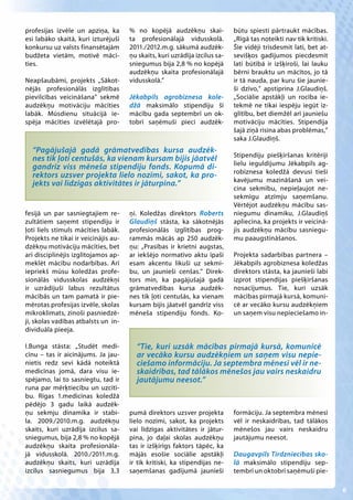 profesijas izvēle un apziņa, ka       % no kopējā audzēkņu skai-             būtu spiesti pārtraukt mācības.
esi labāko skaitā, kuri izturējuši    ta profesionālajā vidusskolā.          „Rīgā tas noteikti nav tik kritiski.
konkursu uz valsts finansētajām       2011./2012.m.g. sākumā audzēk-         Šie vidēji trīsdesmit lati, bet at-
budžeta vietām, motivē mācī-          ņu skaits, kuri uzrādīja izcilus sa-   sevišķos gadījumos piecdesmit
ties.                                 sniegumus bija 2,8 % no kopējā         lati būtībā ir izšķiroši, lai lauku
                                      audzēkņu skaita profesionālajā         bērni brauktu un mācītos, jo tā
Neapšaubāmi, projekts „Sākot-         vidusskolā.”                           ir tā nauda, par kuru šie jaunie-
nējās profesionālās izglītības                                               ši dzīvo,” apstiprina J.Glaudiņš.
pievilcības veicināšana” sekmē        Jēkabpils agrobiznesa kole-            „Sociālie apstākļi un rocība ie-
audzēkņu motivāciju mācīties          džā maksimālo stipendiju šī            tekmē ne tikai iespēju iegūt iz-
labāk. Mūsdienu situācijā ie-         mācību gada septembrī un ok-           glītību, bet diemžēl arī jauniešu
spēja mācīties izvēlētajā pro-        tobrī saņēmuši pieci audzēk-           motivāciju mācīties. Stipendija
                                                                             šajā ziņā risina abas problēmas,”
                                                                             saka J.Glaudiņš.
  “Pagājušajā gadā grāmatvedības kursa audzēk-
                                                                             Stipendiju piešķiršanas kritēriji
  nes tik ļoti centušās, ka vienam kursam bijis jāatvēl
                                                                             lielu ieguldījumu Jēkabpils ag-
  gandrīz viss mēneša stipendiju fonds. Kopumā di-
                                                                             robiznesa koledžā devusi tieši
  rektors uzsver projekta lielo nozīmi, sakot, ka pro-
                                                                             kavējumu mazināšanā un vei-
  jekts vai līdzīgas aktivitātes ir jāturpina.”
                                                                             cina sekmību, nepieļaujot ne-
                                                                             sekmīgu atzīmju saņemšanu.
                                                                             Vērtējot audzēkņu mācību sas-
fesijā un par sasniegtajiem re-       ņi. Koledžas direktors Roberts         niegumu dinamiku, J.Glaudiņš
zultātiem saņemt stipendiju ir        Glaudiņš stāsta, ka sākotnējās         apliecina, ka projekts ir veicinā-
ļoti liels stimuls mācīties labāk.    profesionālās izglītības prog-         jis audzēkņu mācību sasniegu-
Projekts ne tikai ir veicinājis au-   rammās mācās ap 250 audzēk-            mu paaugstināšanos.
dzēkņu motivāciju mācīties, bet       ņu: „Prasības ir krietni augstas,
arī disciplinējis izglītojamos ap-    ar iekšējo normatīvo aktu īpaši        Projekta sadarbības partnera –
meklēt mācību nodarbības. Arī         esam akcentu likuši uz sekmī-          Jēkabpils agrobiznesa koledžas
iepriekš mūsu koledžas profe-         bu, un jaunieši cenšas.” Direk-        direktors stāsta, ka jaunieši labi
sionālās vidusskolas audzēkņi         tors min, ka pagājušajā gadā           izprot stipendijas piešķiršanas
ir uzrādījuši labus rezultātus        grāmatvedības kursa audzēk-            nosacījumus. Tie, kuri uzsāk
mācībās un tam pamatā ir pie-         nes tik ļoti centušās, ka vienam       mācības pirmajā kursā, komuni-
mērotas profesijas izvēle, skolas     kursam bijis jāatvēl gandrīz viss      cē ar vecāko kursu audzēkņiem
mikroklimats, zinoši pasniedzē-       mēneša stipendiju fonds. Ko-           un saņem visu nepieciešamo in-
ji, skolas vadības atbalsts un in-
dividuāla pieeja.

I.Bunga stāsta: „Studēt medi-           “Tie, kuri uzsāk mācības pirmajā kursā, komunicē
cīnu – tas ir aicinājums. Ja jau-       ar vecāko kursu audzēkņiem un saņem visu nepie-
nietis redz sevi kādā noteiktā          ciešamo informāciju. Ja septembra mēnesī vēl ir ne-
medicīnas jomā, dara visu ie-           skaidrības, tad tālākos mēnešos jau vairs neskaidru
spējamo, lai to sasniegtu, tad ir       jautājumu neesot.”
runa par mērķtiecību un uzcītī-
bu. Rīgas 1.medicīnas koledžā
pēdējo 3 gadu laikā audzēk-
ņu sekmju dinamika ir stabi-          pumā direktors uzsver projekta         formāciju. Ja septembra mēnesī
la. 2009./2010.m.g. audzēkņu          lielo nozīmi, sakot, ka projekts       vēl ir neskaidrības, tad tālākos
skaits, kuri uzrādīja izcilus sa-     vai līdzīgas aktivitātes ir jātur-     mēnešos jau vairs neskaidru
sniegumus, bija 2,8 % no kopējā       pina, jo daļai skolas audzēkņu         jautājumu neesot.
audzēkņu skaita profesionāla-         tas ir izšķirīgs faktors tāpēc, ka
jā vidusskolā. 2010./2011.m.g.        mājās esošie sociālie apstākļi         Daugavpils Tirdzniecības sko-
audzēkņu skaits, kuri uzrādīja        ir tik kritiski, ka stipendijas ne-    lā maksimālo stipendiju sep-
izcilus sasniegumus bija 3,3          saņemšanas gadījumā jaunieši           tembrī un oktobrī saņēmuši pie-

                                                                                                                    6
 