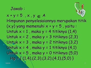 10/02/24
10/02/24 8
8
Jawab :
Jawab :
x + y = 5 , x , y A
x + y = 5 , x , y A
Himpunan penyelesaiannya merupakan titik
Himpunan penyelesaiannya merupakan titik
(x,y) yang memenuhi x + y = 5 , yaitu :
(x,y) yang memenuhi x + y = 5 , yaitu :
Untuk x = 1 , maka y = 4 titiknya (1,4)
Untuk x = 1 , maka y = 4 titiknya (1,4)
Untuk x = 2 , maka y = 3 titiknya (2,3)
Untuk x = 2 , maka y = 3 titiknya (2,3)
Untuk x = 3 , maka y = 2 titiknya (3,2)
Untuk x = 3 , maka y = 2 titiknya (3,2)
Untuk x = 4 , maka y = 1 titiknya (4,1)
Untuk x = 4 , maka y = 1 titiknya (4,1)
Untuk x = 5 , maka y = 0 titiknya (5,0)
Untuk x = 5 , maka y = 0 titiknya (5,0)
Hp = { (1,4),(2,3),(3,2),(4,1),(5,0) }
Hp = { (1,4),(2,3),(3,2),(4,1),(5,0) }

 