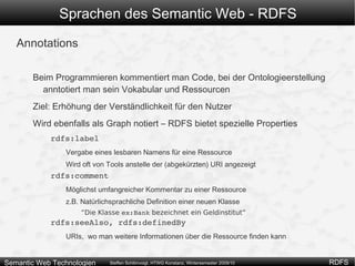 Erlaubt Spezifikation von Semantik von Vokabularen => RDFS ist ein Metavokabular Vorteil: Jedes mit RDFS definierte RDF-Vokabular kann von jeder Software mit RDFS Unterstützung interpretiert werden 