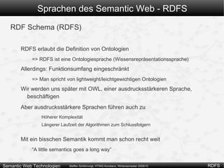 Sprachen des Semantic Web - RDFS Wir möchten mehrere Ressourcen eines Typs zusammenfassen können => Wir müssen Typen definieren können => Wir müssen Ressourcen typisieren (können) Beispiele: “Steffen Schlönvoigt” ist ein “Mann” Wie stellen wir “ist ein” generisch dar? 