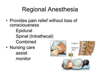 Regional Anesthesia Provides pain relief without loss of consciousness Epidural Spinal (Intrathecal) Combined Nursing care assist monitor 