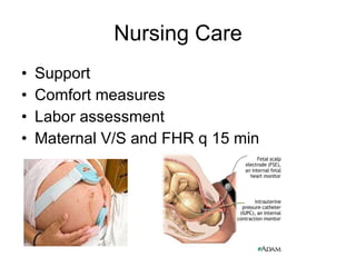 Nursing Care Support Comfort measures Labor assessment Maternal V/S and FHR q 15 min 