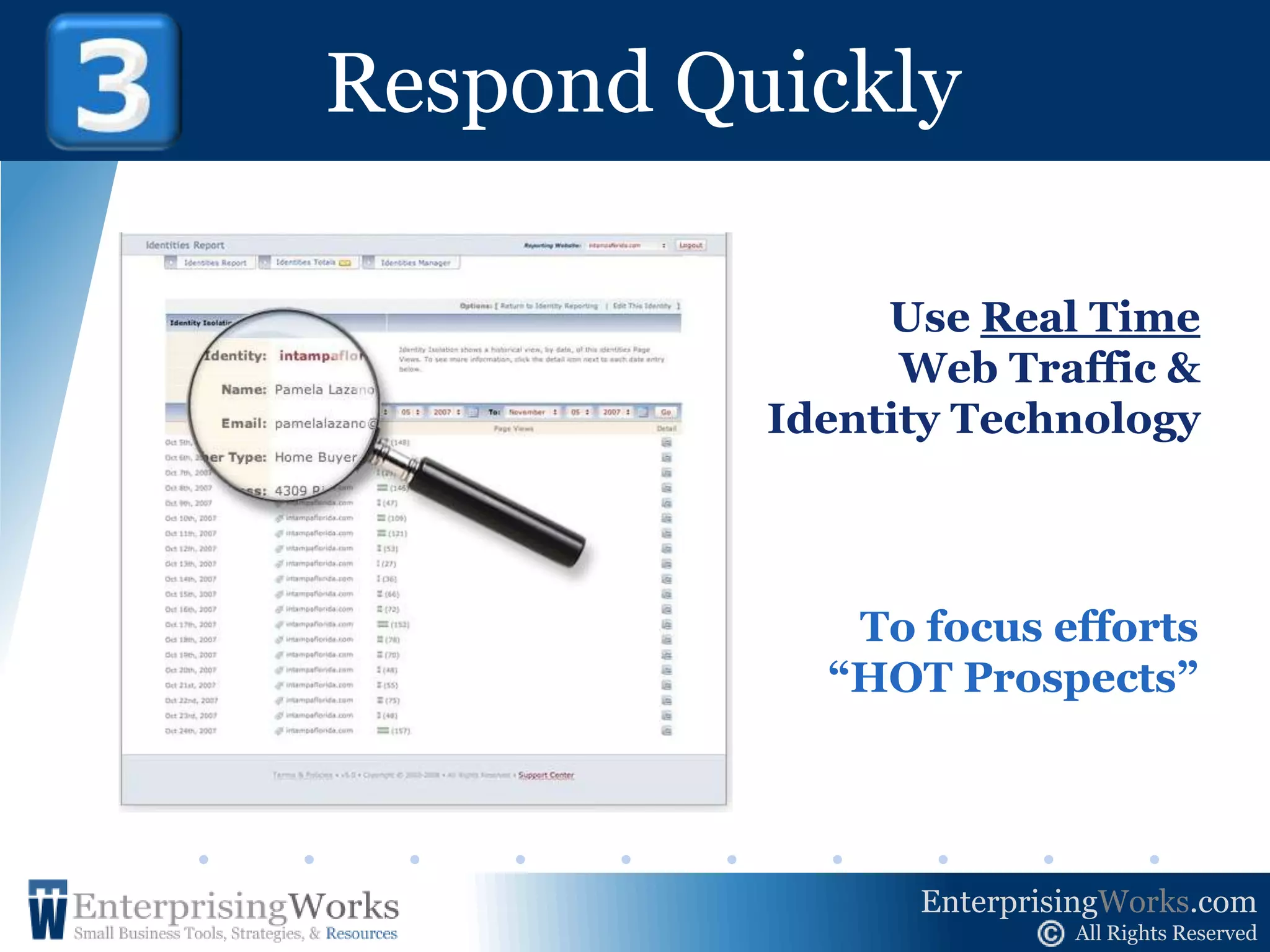 Respond Quickly3Don’t prospect randomly. Get Alertsfrom those showingthe most interest. An example of anAlert from a prospect clicking on an Email Promotion Banner.