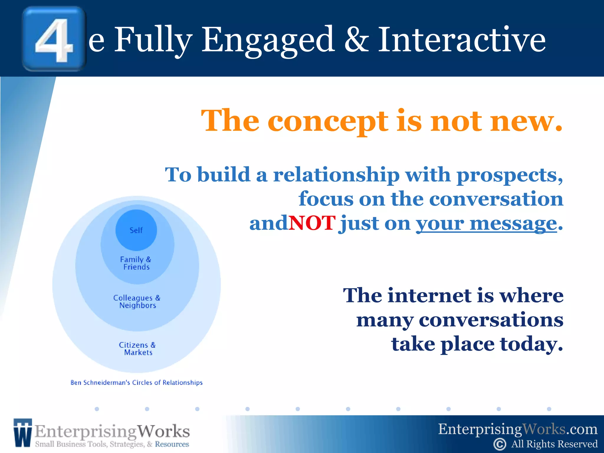Be Fully Engaged & Interactive ! 4A slower economy means:People spend more time gathering information before they make a purchase decision.Internet technologymakes this easier every day.Prospective clients will notice if you are offering what they want.