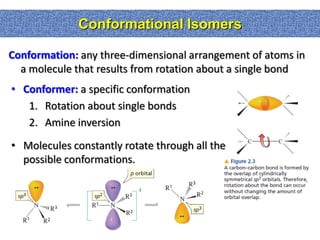 Conformational Isomers

Conformation: any three-dimensional arrangement of atoms in
  a molecule that results from rotation about a single bond
• Conformer: a specific conformation
   1. Rotation about single bonds
   2. Amine inversion
• Molecules constantly rotate through all the
  possible conformations.
 
