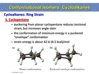 Conformational Isomers: Cycloalkanes
Cycloalkanes: Ring Strain
3. Cyclopentane
    – puckering from planar cyclopentane reduces torsional
      strain, but increases angle stain
    – the conformation of minimum energy is a puckered
      “envelope” conformation
    – strain energy is about 42 kJ (6.5 kcal)/mol
 
