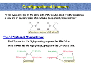 Configurational Isomers
 “If the hydrogens are on the same side of the double bond, it is the cis isomer;
 if they are on opposite sides of the double bond, it is the trans isomer.”




The E,Z System of Nomenclature
    The Z isomer has the high-priority groups on the SAME side.
    The E isomer has the high-priority groups on the OPPOSITE side.
 