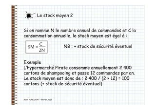 Alain TONCOURT – février 2017
Si on nomme N le nombre annuel de commandes et C la
consommation annuelle, le stock moyen est égal à :
NB : + stock de sécurité éventuel
Exemple
L’hypermarché Pirate consomme annuellement 2 400
cartons de shampooing et passe 12 commandes par an.
Le stock moyen est donc de : 2 400 / (2 × 12) = 100
cartons (+ stock de sécurité éventuel)
Le stock moyen 2
 