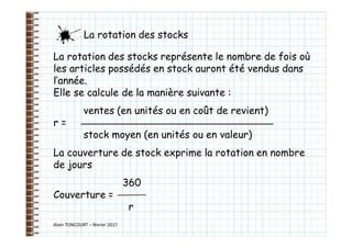 Alain TONCOURT – février 2017
La rotation des stocks représente le nombre de fois où
les articles possédés en stock auront été vendus dans
l’année.
Elle se calcule de la manière suivante :
ventes (en unités ou en coût de revient)
r =
stock moyen (en unités ou en valeur)
La couverture de stock exprime la rotation en nombre
de jours
360
Couverture =
r
La rotation des stocks
 