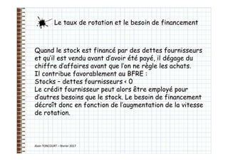 Alain TONCOURT – février 2017
Quand le stock est financé par des dettes fournisseurs
et qu’il est vendu avant d’avoir été payé, il dégage du
chiffre d’affaires avant que l’on ne règle les achats.
Il contribue favorablement au BFRE :
Stocks – dettes fournisseurs < 0
Le crédit fournisseur peut alors être employé pour
d’autres besoins que le stock. Le besoin de financement
décroît donc en fonction de l’augmentation de la vitesse
de rotation.
Le taux de rotation et le besoin de financement
 