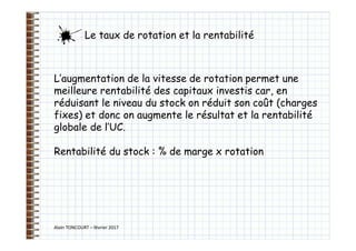 Alain TONCOURT – février 2017
L’augmentation de la vitesse de rotation permet une
meilleure rentabilité des capitaux investis car, en
réduisant le niveau du stock on réduit son coût (charges
fixes) et donc on augmente le résultat et la rentabilité
globale de l’UC.
Rentabilité du stock : % de marge x rotation
Le taux de rotation et la rentabilité
 