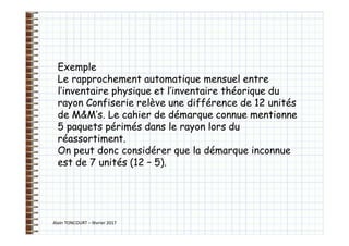 Alain TONCOURT – février 2017
Exemple
Le rapprochement automatique mensuel entre
l’inventaire physique et l’inventaire théorique du
rayon Confiserie relève une différence de 12 unités
de M&M’s. Le cahier de démarque connue mentionne
5 paquets périmés dans le rayon lors du
réassortiment.
On peut donc considérer que la démarque inconnue
est de 7 unités (12 – 5).
 