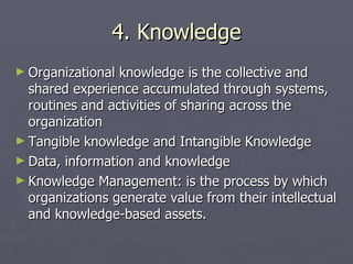 4. Knowledge Organizational knowledge is the collective and shared experience accumulated through systems, routines and activities of sharing across the organization Tangible knowledge and Intangible Knowledge Data, information and knowledge Knowledge Management: is the process by which organizations generate value from their intellectual and knowledge-based assets. 