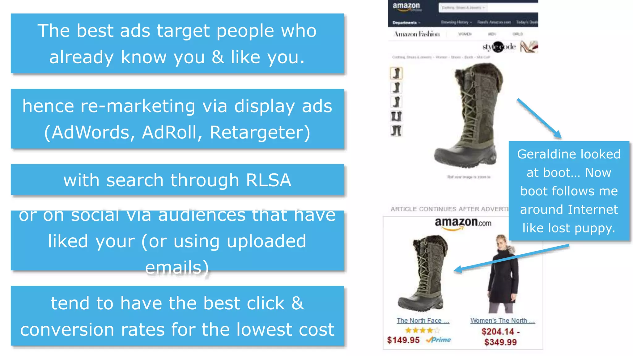 The best ads target people who
already know you & like you.
hence re-marketing via display ads
(AdWords, AdRoll, Retargeter)
with search through RLSA
or on social via audiences that have
liked your (or using uploaded
emails)
tend to have the best click &
conversion rates for the lowest cost
Geraldine looked
at boot… Now
boot follows me
around Internet
like lost puppy.
 