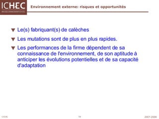 Environnement externe: risques et opportunités Le(s) fabriquant(s) de calèches L es mutations sont de plus en plus rapides.    Les performances de la firme dépendent de sa connaissance de l'environnement, de son aptitude à anticiper les évolutions potentielles et de sa capacité d'adaptation   