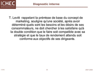 Diagnostic interne T. Levitt  rappelant la prémisse de base du concept de marketing, souligne qu'une société, après avoir déterminé quels sont les besoins et les désirs de ses consommateurs, ne doit chercher à les satisfaire qu'à la double condition que le faire soit compatible avec sa stratégie et que le taux de rendement attendu soit conforme aux objectifs de ses dirigeants.  