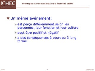 Avantages et inconvénients de la méthode SWOT Un même événement: est perçu différemment selon les personnes, leur fonction et leur culture peut être positif et négatif a des conséquences à court ou à long terme 