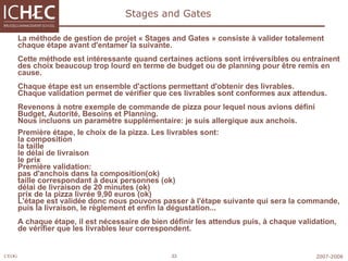 Stages and Gates La méthode de gestion de projet « Stages and Gates » consiste à valider totalement chaque étape avant d'entamer la suivante.  Cette méthode est intéressante quand certaines actions sont irréversibles ou entrainent des choix beaucoup trop lourd en terme de budget ou de planning pour être remis en cause.  Chaque étape est un ensemble d'actions permettant d'obtenir des livrables.  Chaque validation permet de vérifier que ces livrables sont conformes aux attendus.  Revenons à notre exemple de commande de pizza pour lequel nous avions défini Budget, Autorité, Besoins et Planning.  Nous incluons un paramètre supplémentaire: je suis allergique aux anchois.  Première étape, le choix de la pizza. Les livrables sont:  la composition  la taille  le délai de livraison  le prix  Première validation:  pas d'anchois dans la composition(ok)  taille correspondant à deux personnes (ok)  délai de livraison de 20 minutes (ok)  prix de la pizza livrée 9,90 euros (ok)  L'étape est validée donc nous pouvons passer à l'étape suivante qui sera la commande, puis la livraison, le règlement et enfin la dégustation...  A chaque étape, il est nécessaire de bien définir les attendus puis, à chaque validation, de vérifier que les livrables leur correspondent. 