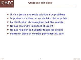 Quelques principes  Il n’y a jamais une seule solution à un problème Importance d’utiliser un vocabulaire clair et précis La planification chronologique doit être réaliste Ne pas confondre important et urgent Ne pas négliger de budgéter toutes les actions  Mettre en place un contrôle permanent du suivi 