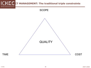 PROJECT MANAGEMENT: The traditional triple constraints  SCOPE TIME COST QUALITY 
