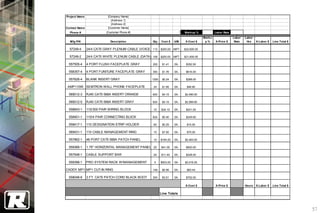 Project Nam e               [Company Name]
                              [Address 1]
                              [Address 2]
Contact Nam e               [Customer Name]
  Phone #                  [Customer Phone #]                               *   Markup %             Labor Rate
                                                                                                                    0
                                                                                             Marku                Labor   Labor
  Mfg P/N                    Description             Qty    Cost $    U/M       X-Cost $      p%     X-Price $     Rate    Hrs    X-Labor $   Line Total $

  57249-4       24/4 CAT5 GRAY PLENUM CABLE (VOICE) 113 $200.00 M/FT.           $22,600.00

  57249-2       24/4 CAT5 WHITE PLENUM CABLE (DATA) 108 $200.00 M/FT.           $21,600.00

  557505-4      4 PORT FLUSH FACEPLATE GRAY          250     $1.41    EA.        $352.50

  558357-4      4 PORT FUNITURE FACEPLATE GRAY       350     $1.76    EA.        $616.00

  557626-4      BLANK INSERT GRAY                    1200    $0.24    EA.        $288.00

 AMP110W SEMTRON WALL PHONE FACEPLATE                 24     $1.95    EA.        $46.80

  569012-3      RJ45 CAT5 568A INSERT ORANGE         600     $4.15    EA.       $2,490.00

  569012-5      RJ45 CAT5 568A INSERT GRAY           624     $4.15    EA.       $2,589.60

  558843-1      110/300 PAIR WIRING BLOCK             10    $24.10    EA.        $241.00

  558401-1      110/4 PAIR CONNECTING BL0CK          624     $0.40    EA.        $249.60

  558417-1      110 DESIGNATION STRIP HOLDER          60     $0.25    EA.        $15.00

  569431-1      110 CABLE MANAGEMENT RING             10     $7.00    EA.        $70.00

  557862-1      48 PORT CAT5 568A PATCH PANEL         15    $164.20   EA.       $2,463.00

  559366-1      1.75" HORIZONTAL MANAGEMENT PANEL 20        $41.00    EA.        $820.00

  557548-1      CABLE SUPPORT BAR                     20    $11.40    EA.        $228.00

  559396-1      PRO SYSTEM RACK W/MANAGEMENT          5     $503.25   EA.       $2,516.25

CADDY MP1 MP1 CUT-IN RING                            149     $0.56    EA.        $83.44

  558048-6      3 FT. CAT5 PATCH CORD BLACK BOOT     200     $3.51    EA.        $702.00

                                                                                X-Cost $             X-Price $            Hours   X-Labor $   Line Total $

                                                            Line Totals



                                                                                                                                                             57
 