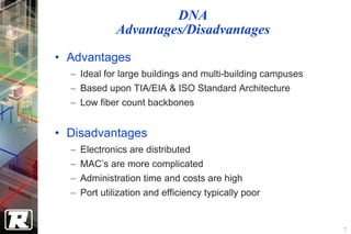 DNA
             Advantages/Disadvantages
• Advantages
  − Ideal for large buildings and multi-building campuses
  − Based upon TIA/EIA & ISO Standard Architecture
  − Low fiber count backbones


• Disadvantages
  − Electronics are distributed
  − MAC’s are more complicated
  − Administration time and costs are high
  − Port utilization and efficiency typically poor


                                                            7
 